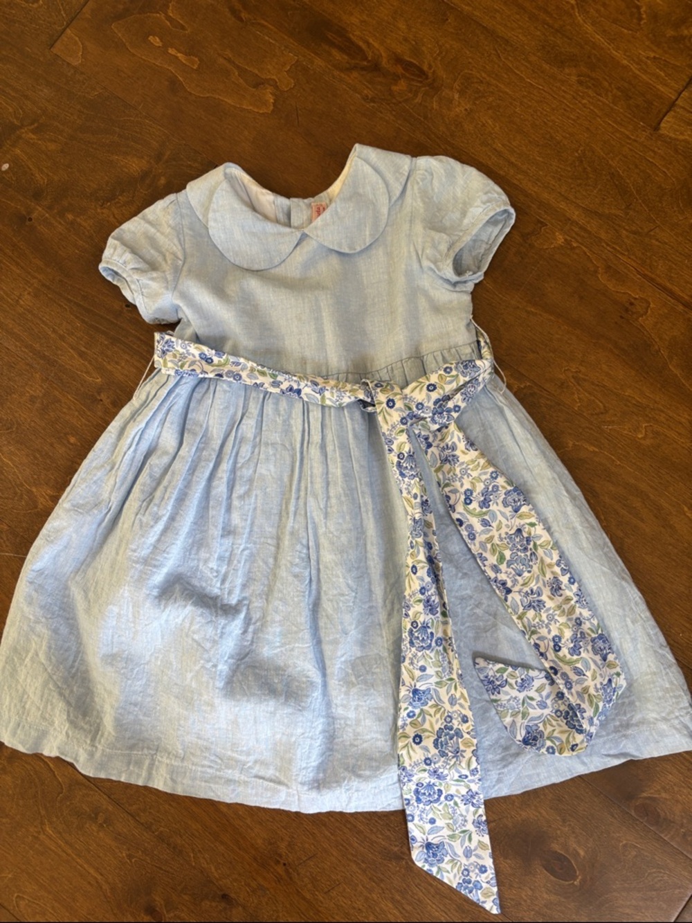 Light Blue Peter Pan Collar Girls' Dress with Floral Sash